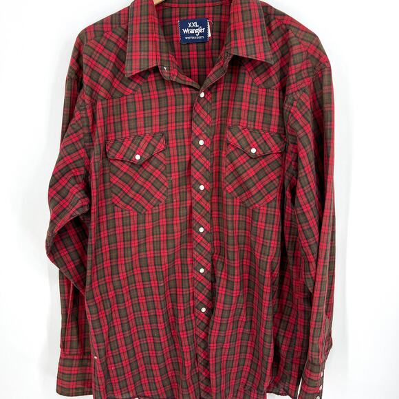 Wrangler Vintage Western Pearl Snap Front Plaid Shirt Red Brown Size XXL - Picture 1 of 8